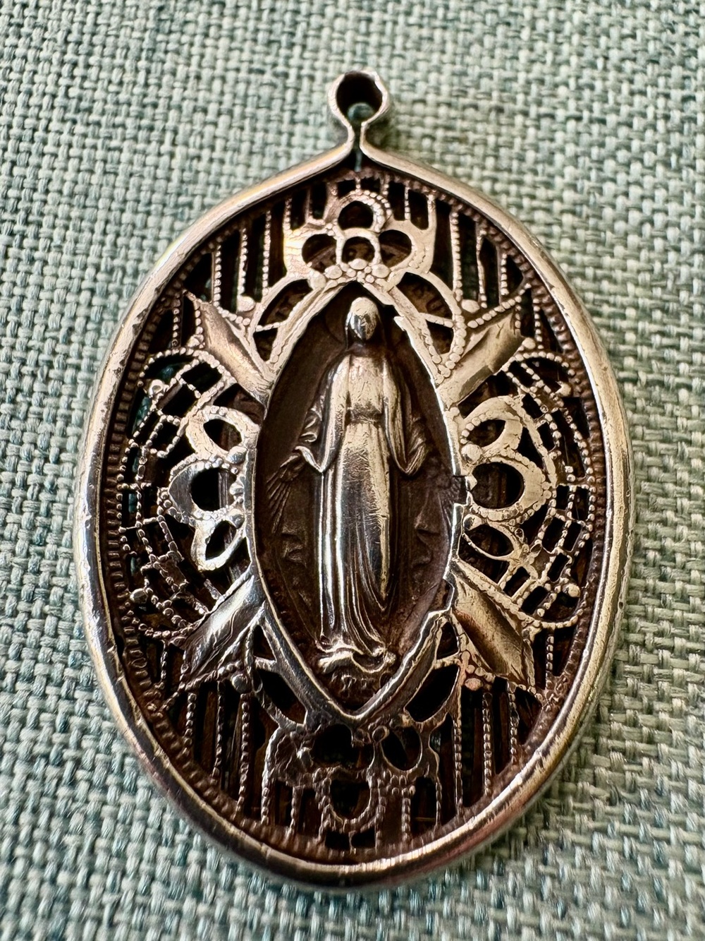 Antique Sterling Silver Filigree Miraculous Medal Pendant Large Caged Mary 1.75"